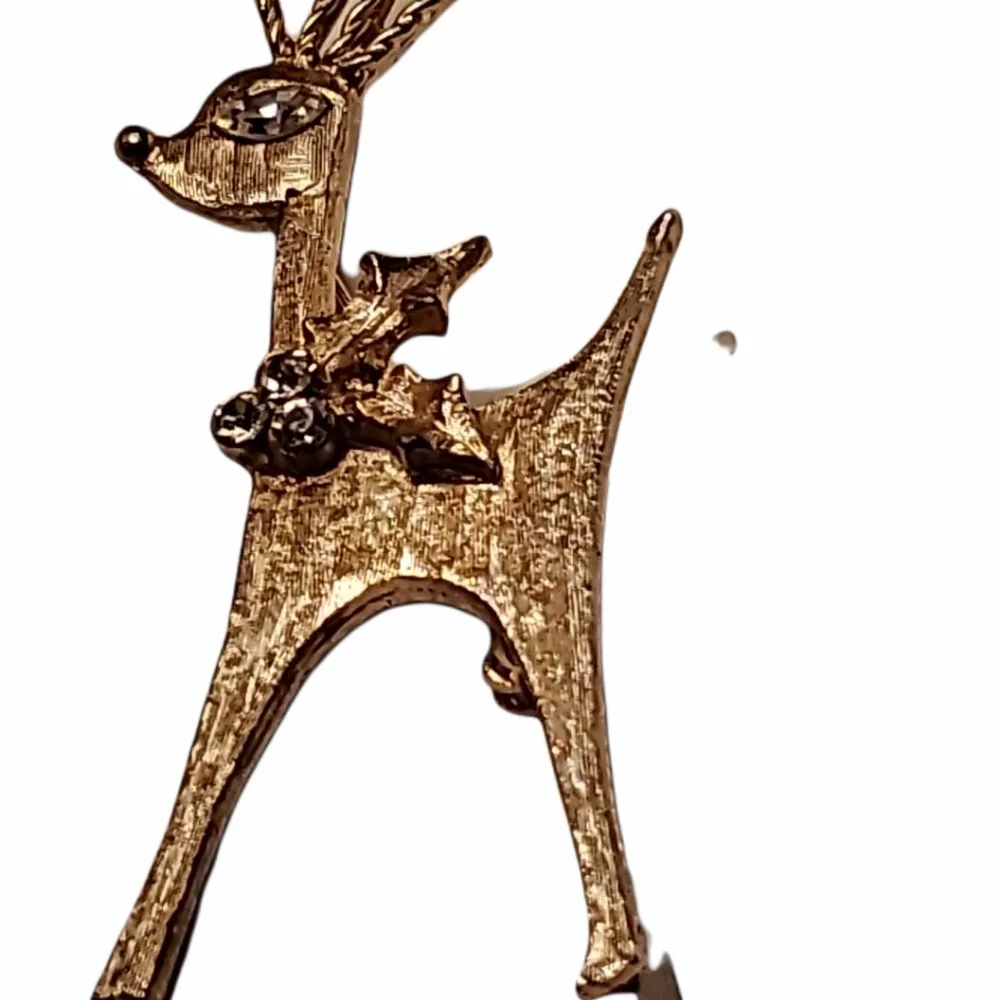 Unique Golden Reindeer Brooch with Crystal Eye & Holly Berry Wreath Collar